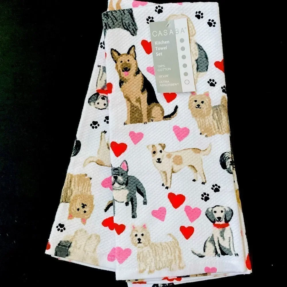 NWT Valentine Dogs & Hearts Kitchen Dish Towels Casaba
